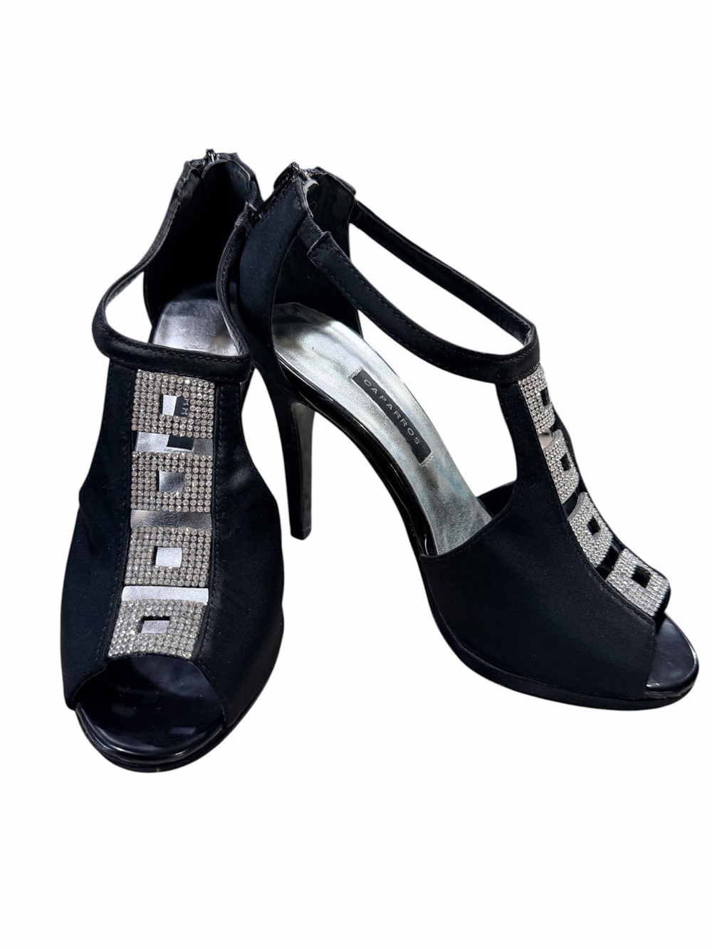 CAPARROS Black T-Strap with Zipper-High Heels with Rhinestone Size 6